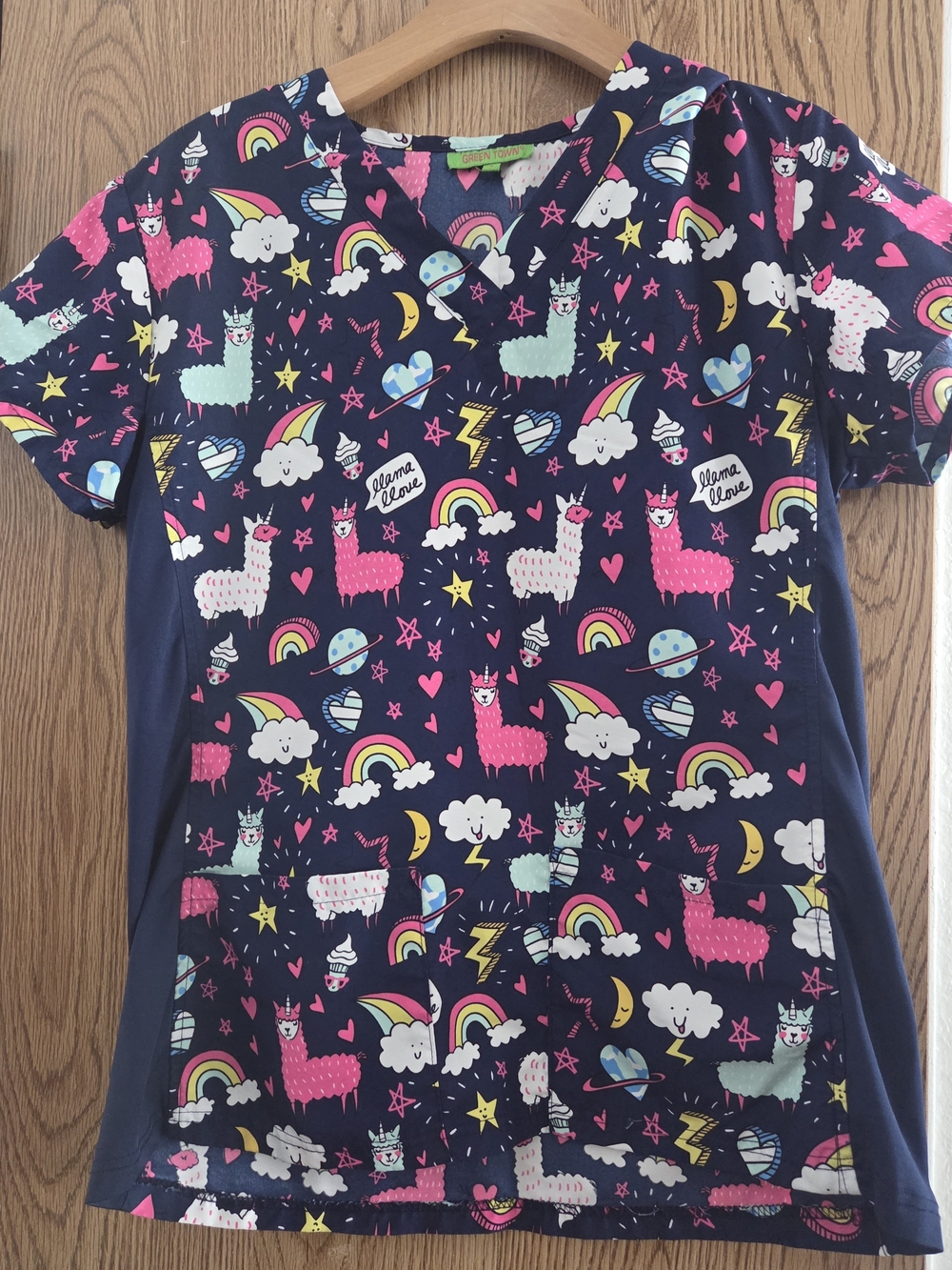 Green Town "Llamacorn Love" Print Mock-Wrap Scrub Top